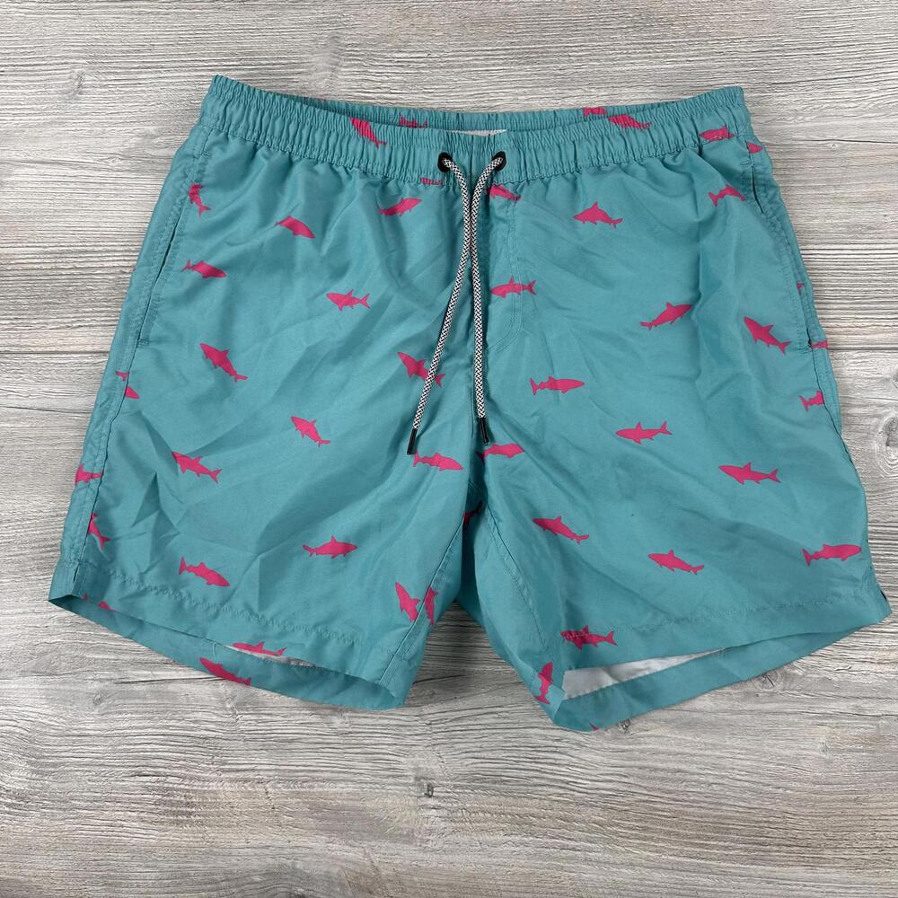 Maamgic Swim Trunks Mens Large Turquoise Pink Sharks AOP Surf Beach Pool Party